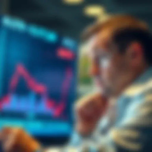 A trader looking worried while staring at a stock chart showing a downward trend, representing the moment of selling MSTR at a low point