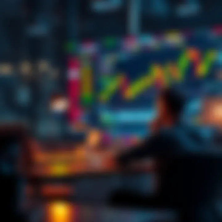A person sitting at a desk with a laptop, looking at trading charts and seeking feedback from a community about paid trading groups