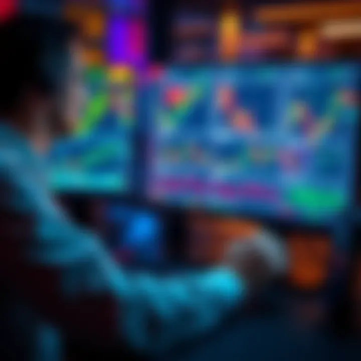 A new trader looking at a computer screen filled with stock and cryptocurrency graphs, seeking advice from online resources.