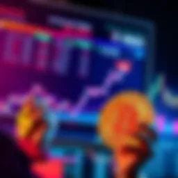 A cryptocurrency trader looking at a chart showing Bitcoin and SpaceX stock prices, holding a dollar sign in hand.