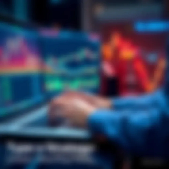 Trader typing strategy on computer A person typing a trading strategy on a laptop with market graphs in the background