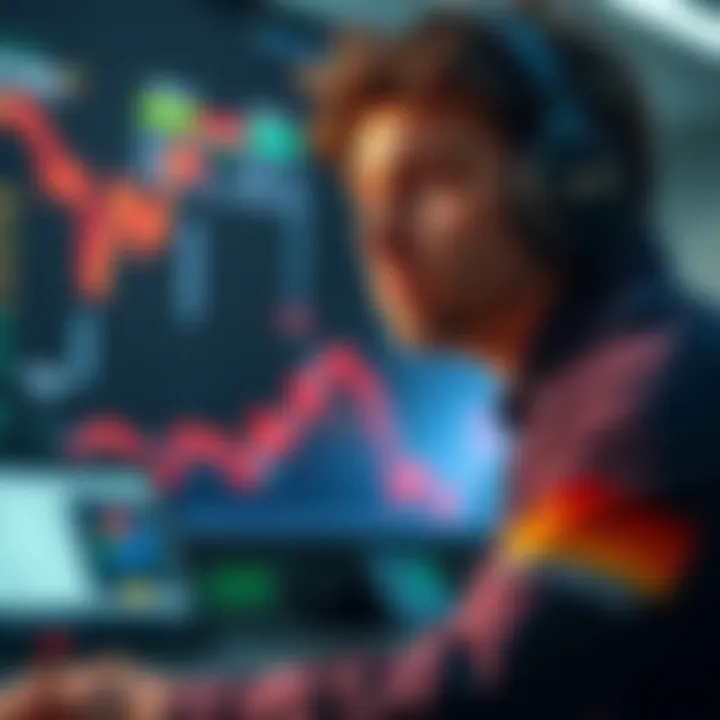A trader anxiously watches rising stock prices while ignoring red flags and charts indicating potential market risks.