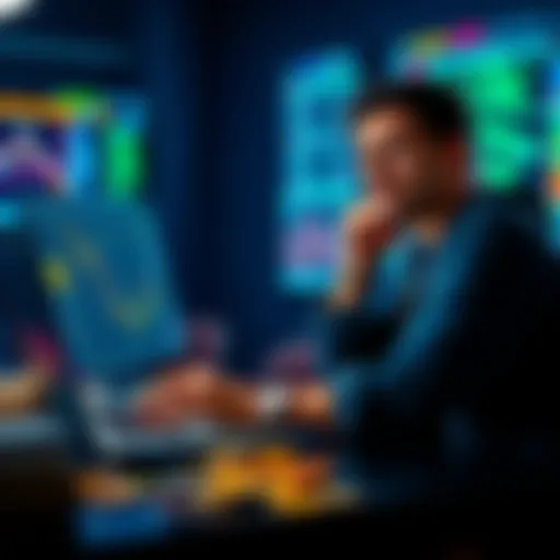 A trader looks frustrated while managing various crypto wallets for Solana memecoins on a laptop, with digital currency icons visible on the screen.