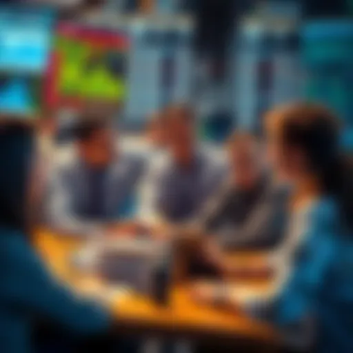 A group of traders gathered around a table, sharing tips and insights on trading strategies and market analysis.