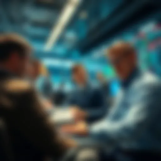 A group of traders engaging in a discussion about market trends in an office environment