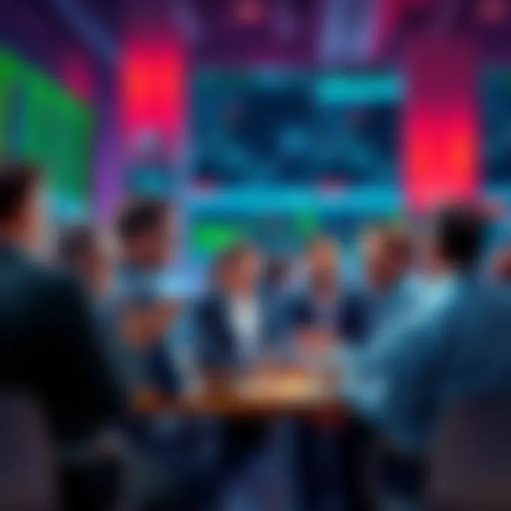 Group of traders engaged in conversation about trading strategies and market insights in a lively forum setting.