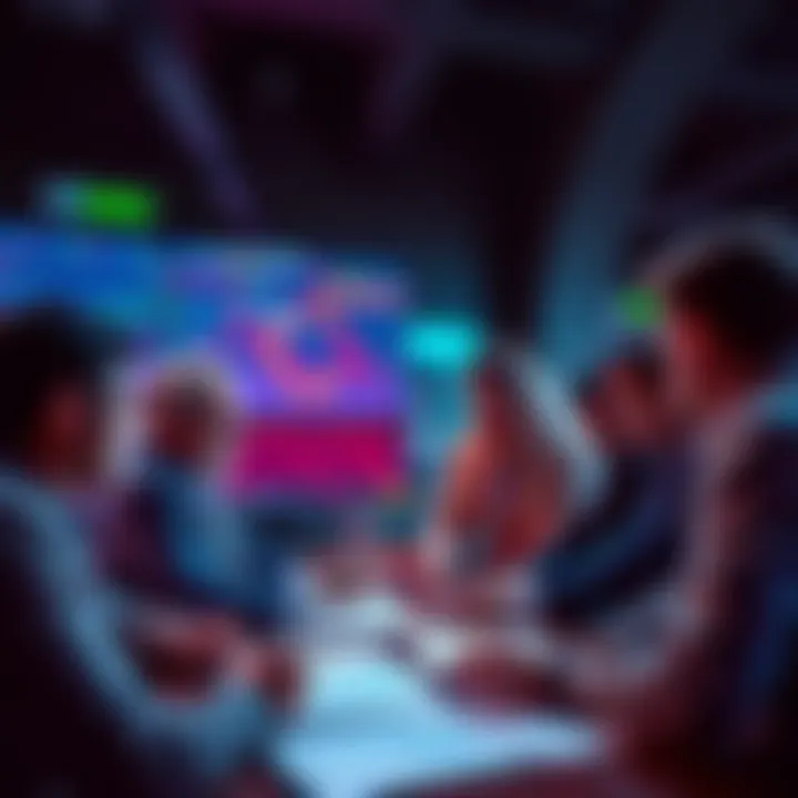 A group of people engaged in a discussion about trading strategies and ideas, with charts and notes in front of them.