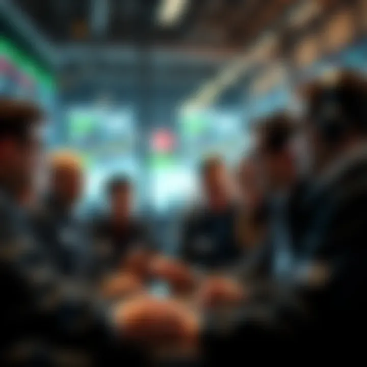 A group of traders discussing their experiences with market losses, showing empathy and understanding