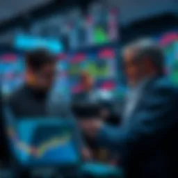 Group of traders looking at financial charts and graphs, discussing potential short selling strategies in a bear market.