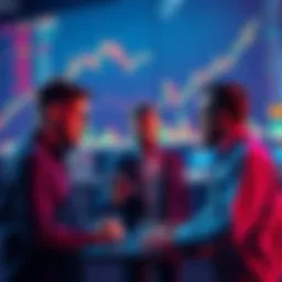 A group of traders discussing spot tokens and futures trading strategies with charts in the background