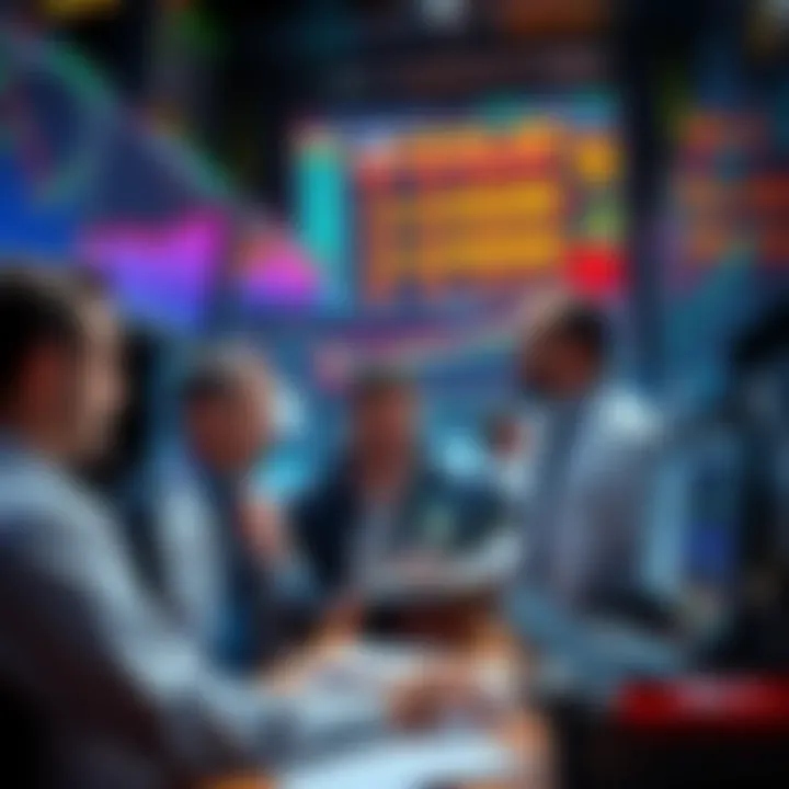 A group of traders looking at charts and graphs on multiple screens, discussing potential market movements, with financial data displayed in the background.