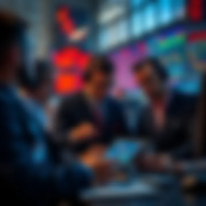 Group of traders looking at charts and discussing market strategies in an office setting