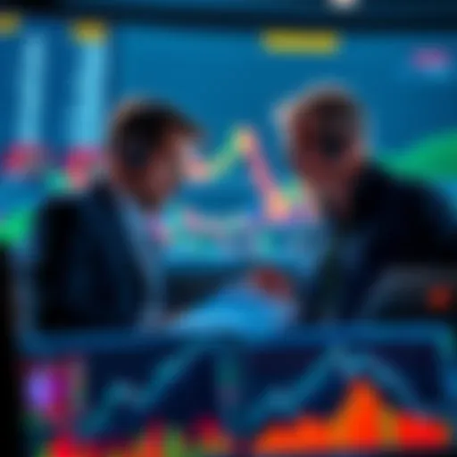 A new trader and a veteran trader discussing market strategies over charts and graphs, illustrating their different approaches to trading.