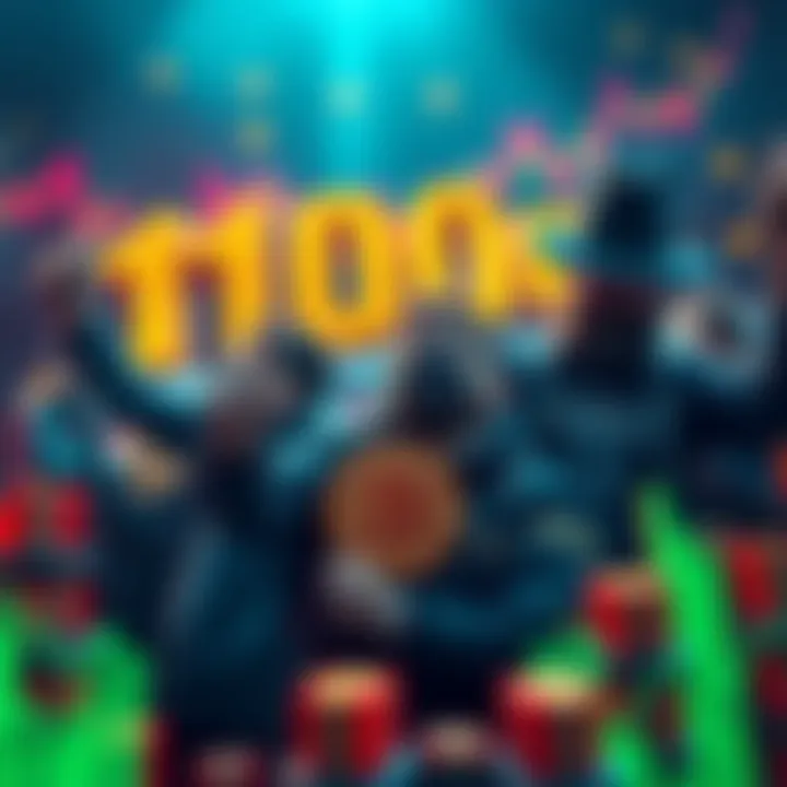 Group of traders celebrating success after reaching 100k CRO coins, with graphs and coins in the background.