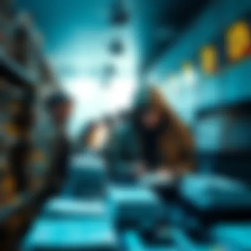 A group of traders organizing their crypto assets in cold storage while discussing diversification across platforms, showing concern for regulatory issues.