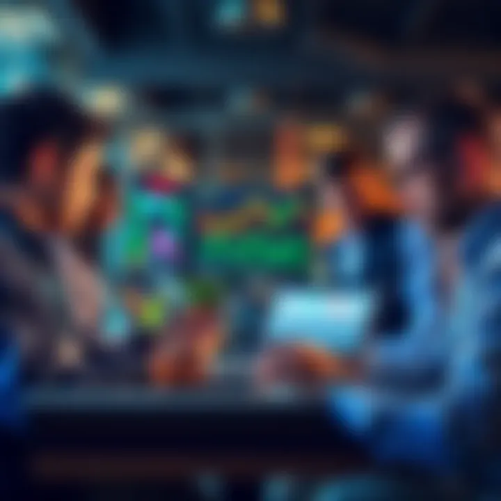 A group of traders examining charts and graphs on laptops while discussing cryptocurrency trading in a bright office setting.