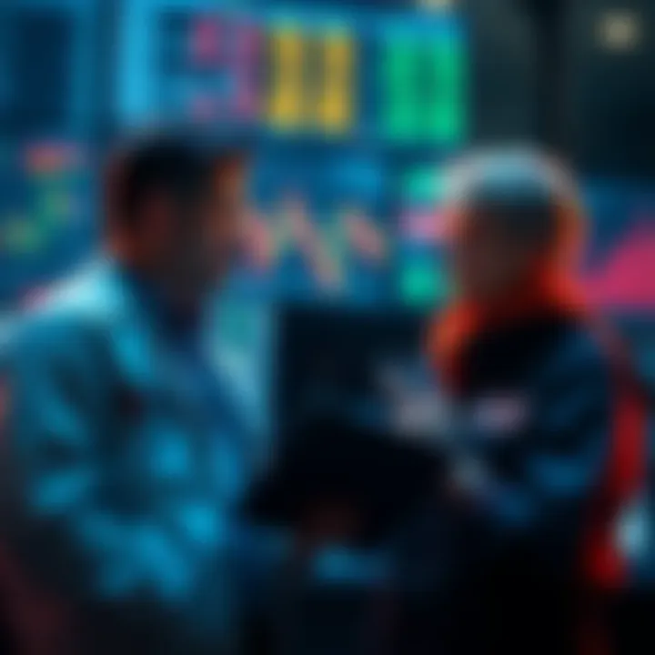 A patient holder and an active trader engaging in conversation about their trading methods, with charts and graphs in the background.