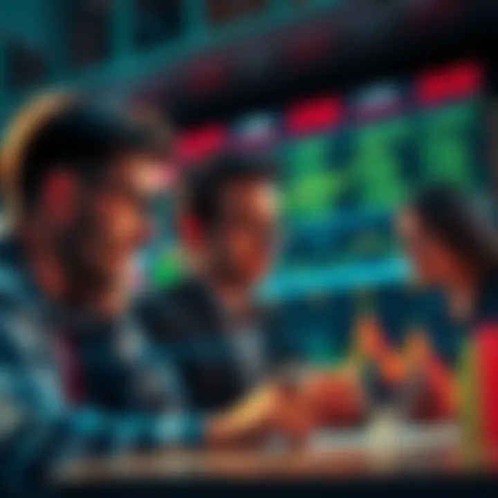 A group of worried traders staring at a chart showing financial losses in a trading environment.