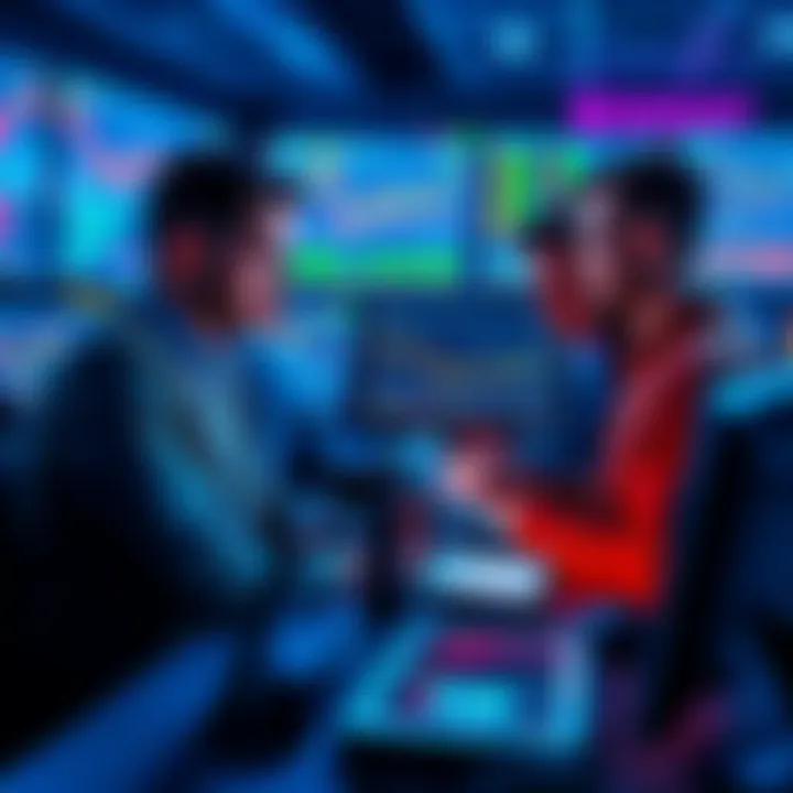 A group of traders analyzing charts and engaging with BitMart's trading platform on computers and tablets, showcasing a modern trading environment.