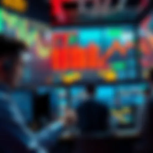 A group of traders anxiously monitoring stock market trends on screens with graphs showing a decline and signals for potential investment opportunities.