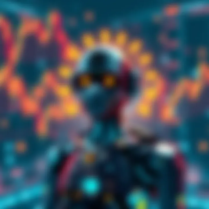 A digital trading bot symbolizing cryptocurrency predictions with charts and signals surrounding it