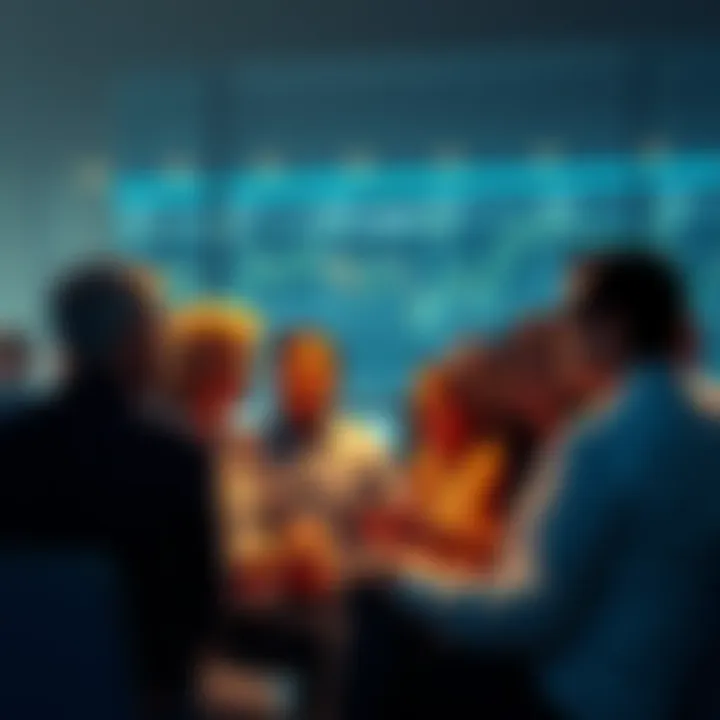 A group of people engaging in a conversation about trading strategies and events, sharing insights and asking quick questions.