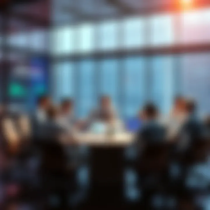 People engaging in a discussion about trading strategies and market events at a round table with charts and laptops