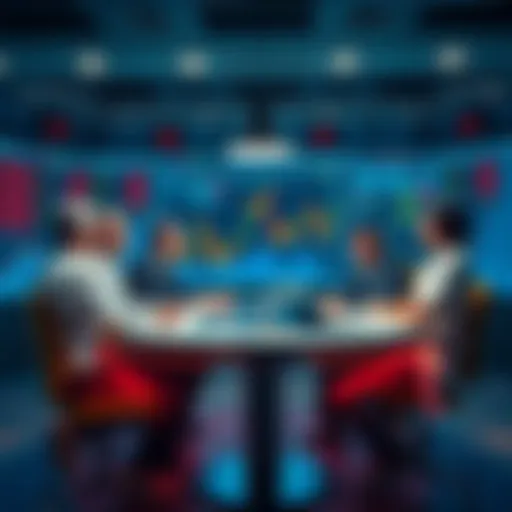 A group of people engaged in a lively discussion about trading ideas and strategies at a round table with charts and graphs in front of them.