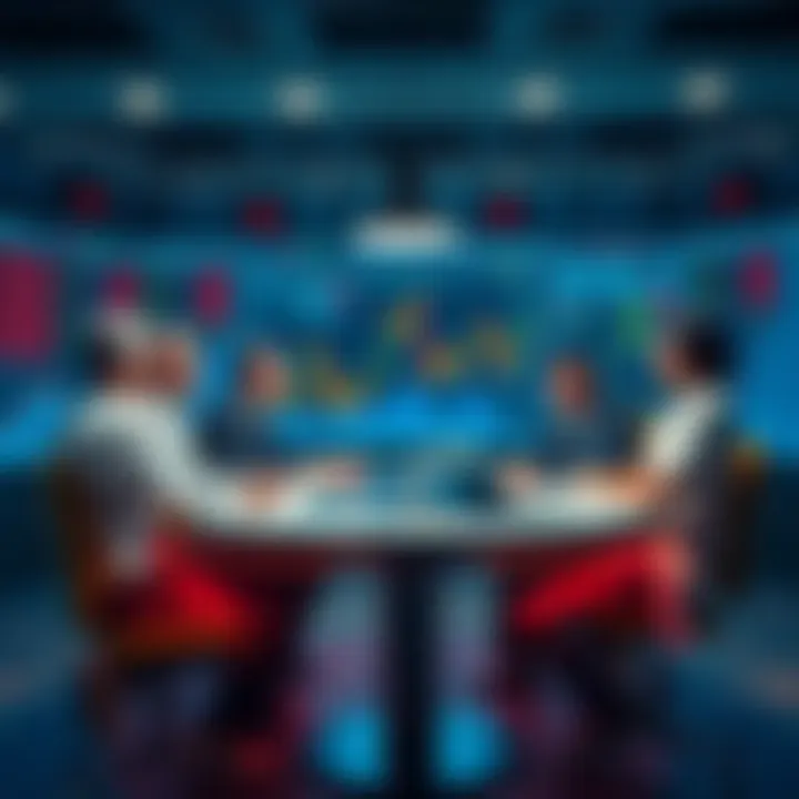 A group of people engaged in a lively discussion about trading ideas and strategies at a round table with charts and graphs in front of them.