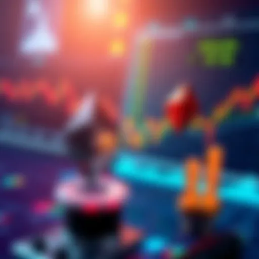 A graphic showing the difference between active trading and passive investment using Ethereum, with charts and symbols representing market fluctuations.