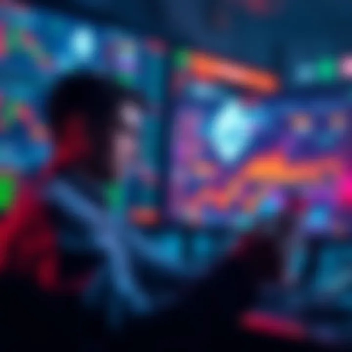 A trader analyzes charts on a computer, considering switching from Ethereum to invest in Patos Token presale, with vibrant graphics of the game platform in the background.