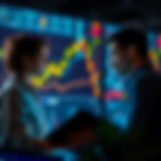Trading Narratives Traders discussing market trends with graphs and charts in the background