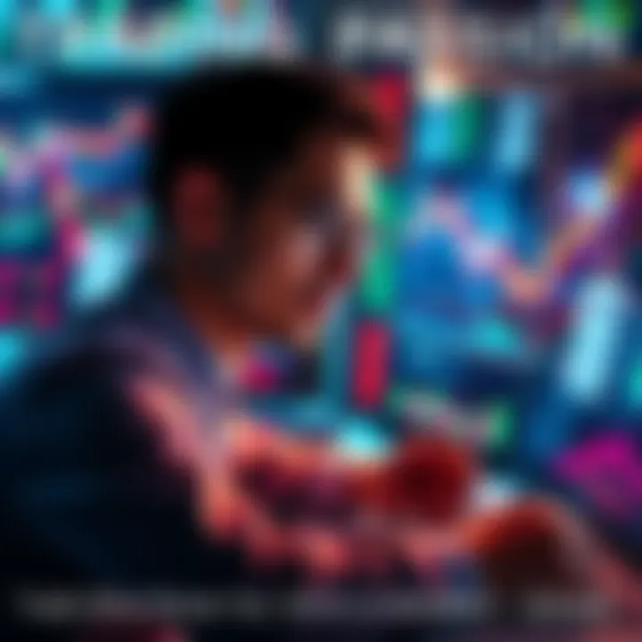 A person analyzing market charts and indicators with a focused expression, surrounded by charts and graphs that reflect their interests.