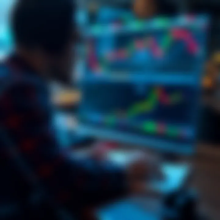 A beginner trader analyzing stock charts on a laptop with a notebook and pen nearby