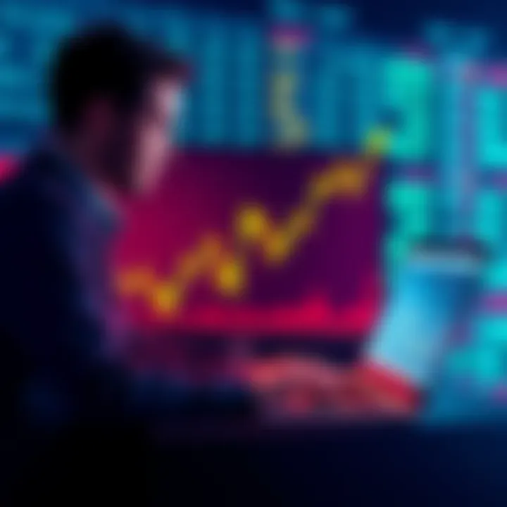 A graph showing an upward trend with a trader analyzing data on a laptop, emphasizing strategy and discipline in trading.