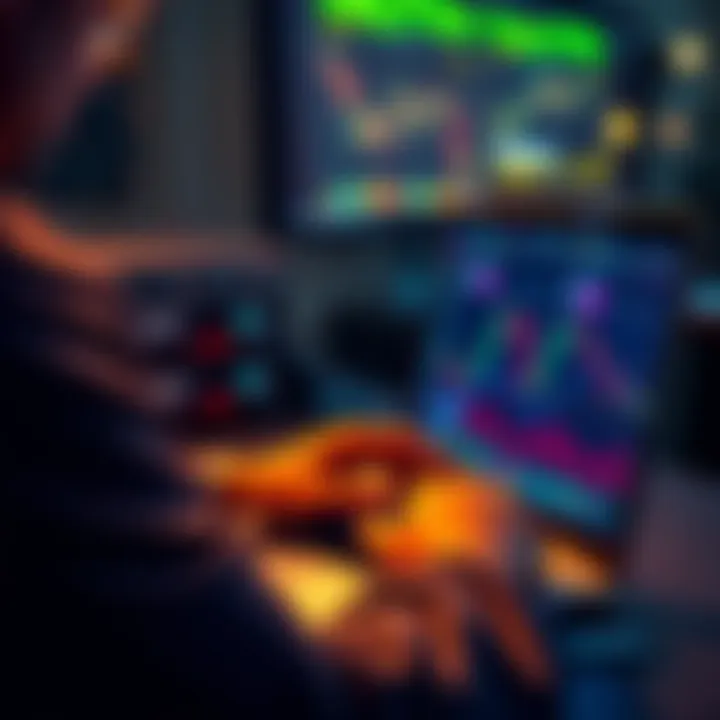 A person analyzing stock charts on a laptop with financial graphs displayed