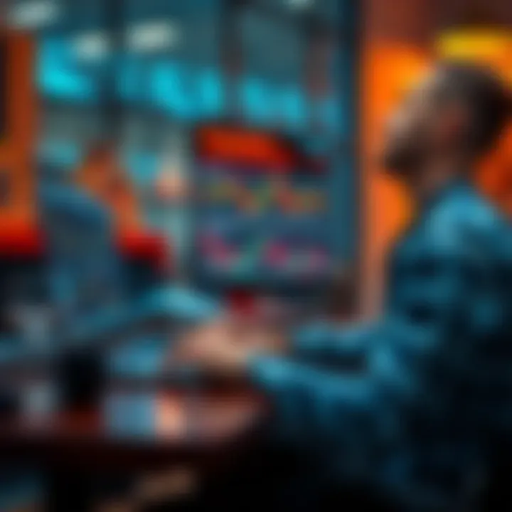 Person coding a trading bot A developer sitting at a desk, coding a trading bot on a laptop with charts displayed on the screen.