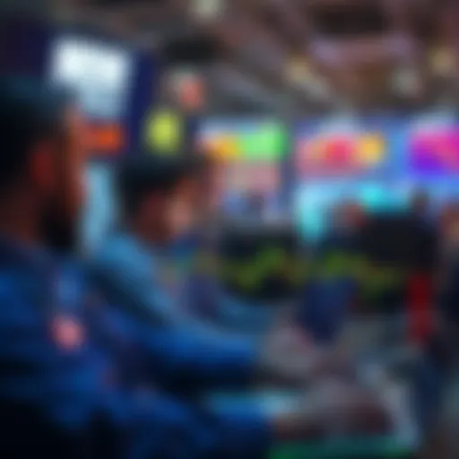 A trading chart showing a decline in Solana prices on Monday, with traders looking concerned at their laptops.