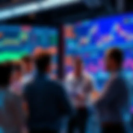 A group of people engaging in a lively discussion about trading strategies, with charts and graphs displayed on a screen in the background.