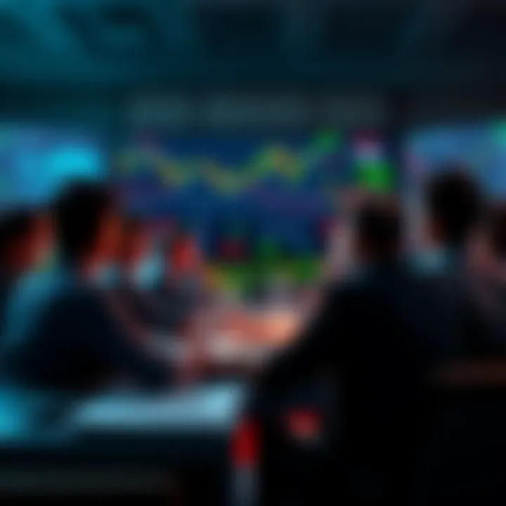 A group of people discussing trading strategies and market events in a forum setting with charts and graphs on a screen.