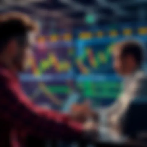 People engaging in a lively online trading discussion with charts and strategies visible.