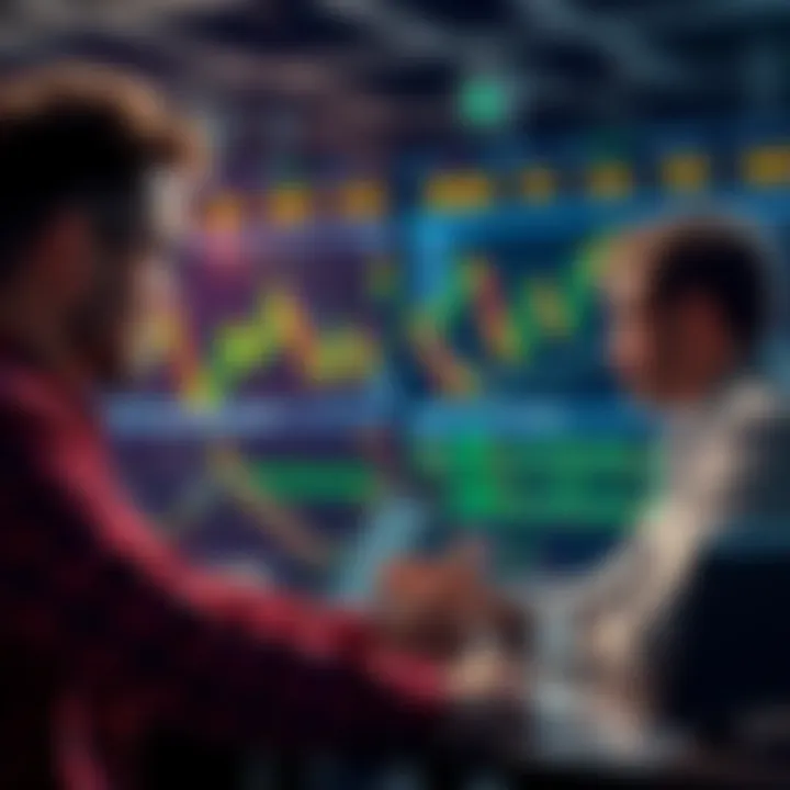 People engaging in a lively online trading discussion with charts and strategies visible.