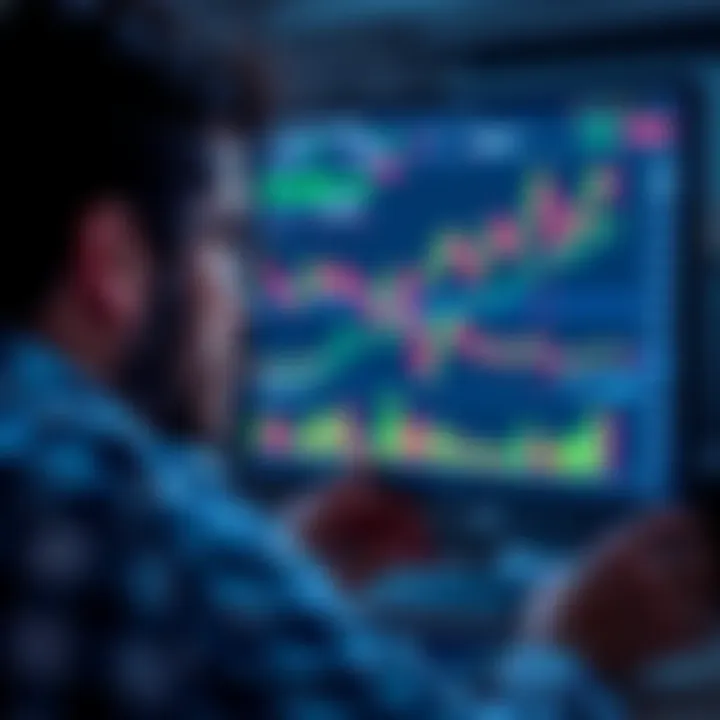 A person looking at a computer screen showing cryptocurrency graphs after trading Dogecoin.