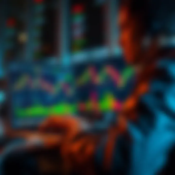 A person analyzing cryptocurrency charts on a laptop, focusing on buying low and selling high for profit.