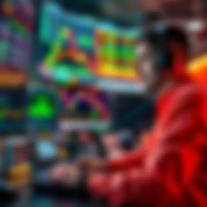A trader analyzing execution speed differences on various trading platforms with charts and graphs in the background.