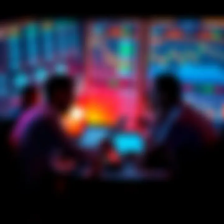 A group of people discussing trading strategies with charts and laptops.