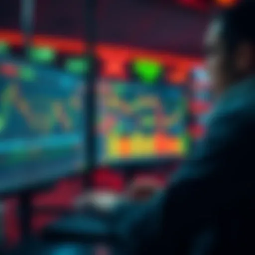 A trader analyzing market data on a computer screen with graphs showing liquidity fluctuations.