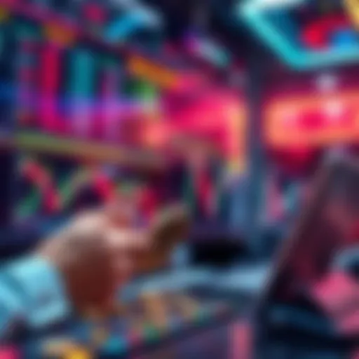 A person trades cryptocurrencies on a decentralized exchange platform, with vibrant graphics representing quick transactions and various crypto tokens.