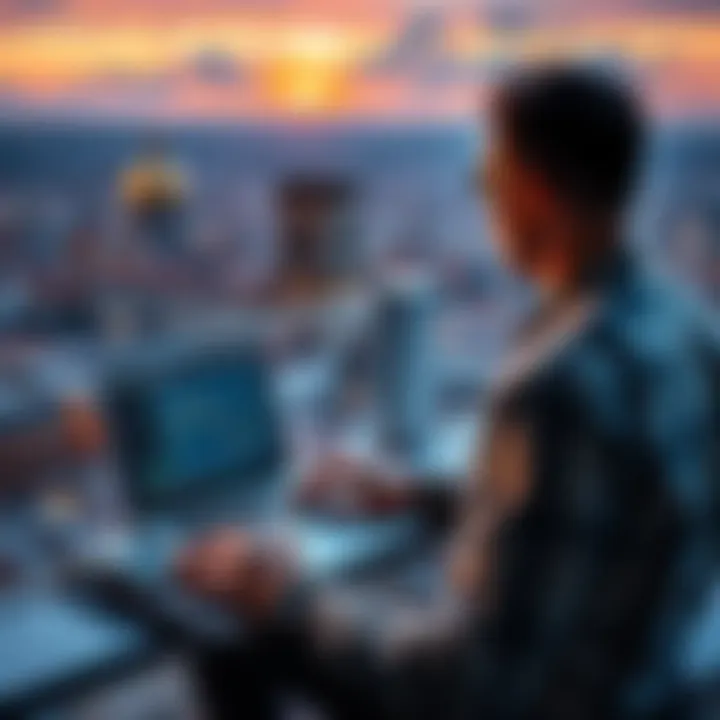 Trading platforms for offshore workers A person using a laptop to trade online while overlooking a European cityscape