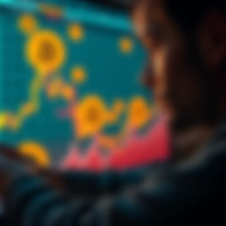 Trading Regrets with Bitcoin A person looking at a chart with Bitcoin logos, showing the rise in value and reflecting on past trading decisions